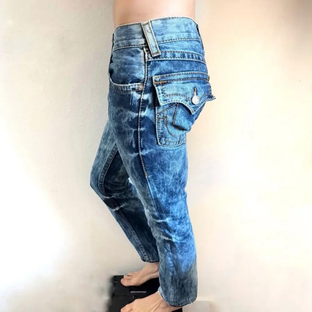 TRUE RELIGION MENS Blue White Acid Wash Relaxed Straight Leg Flap Denim Jeans 29